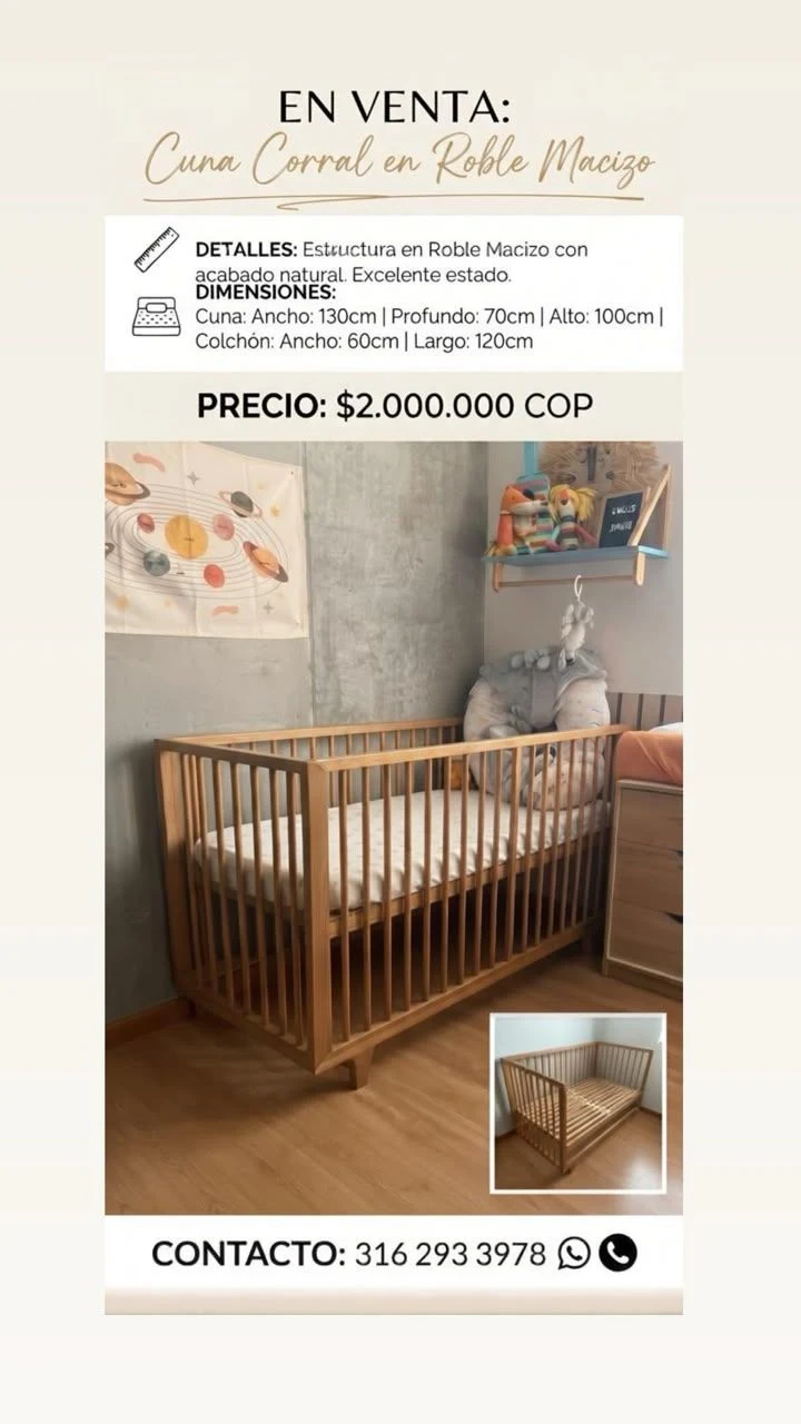 Venta de cunas, corrales y cuarto del bebé en Bello: Cuna corral de roble macizo con colchón — Colombia Move