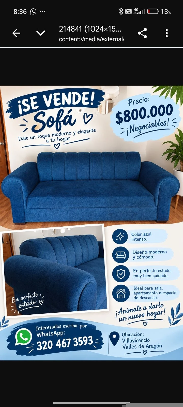 Venta de sofás y salas en Villavicencio: Sofá azul de tela con respaldo acanalado — Colombia Move