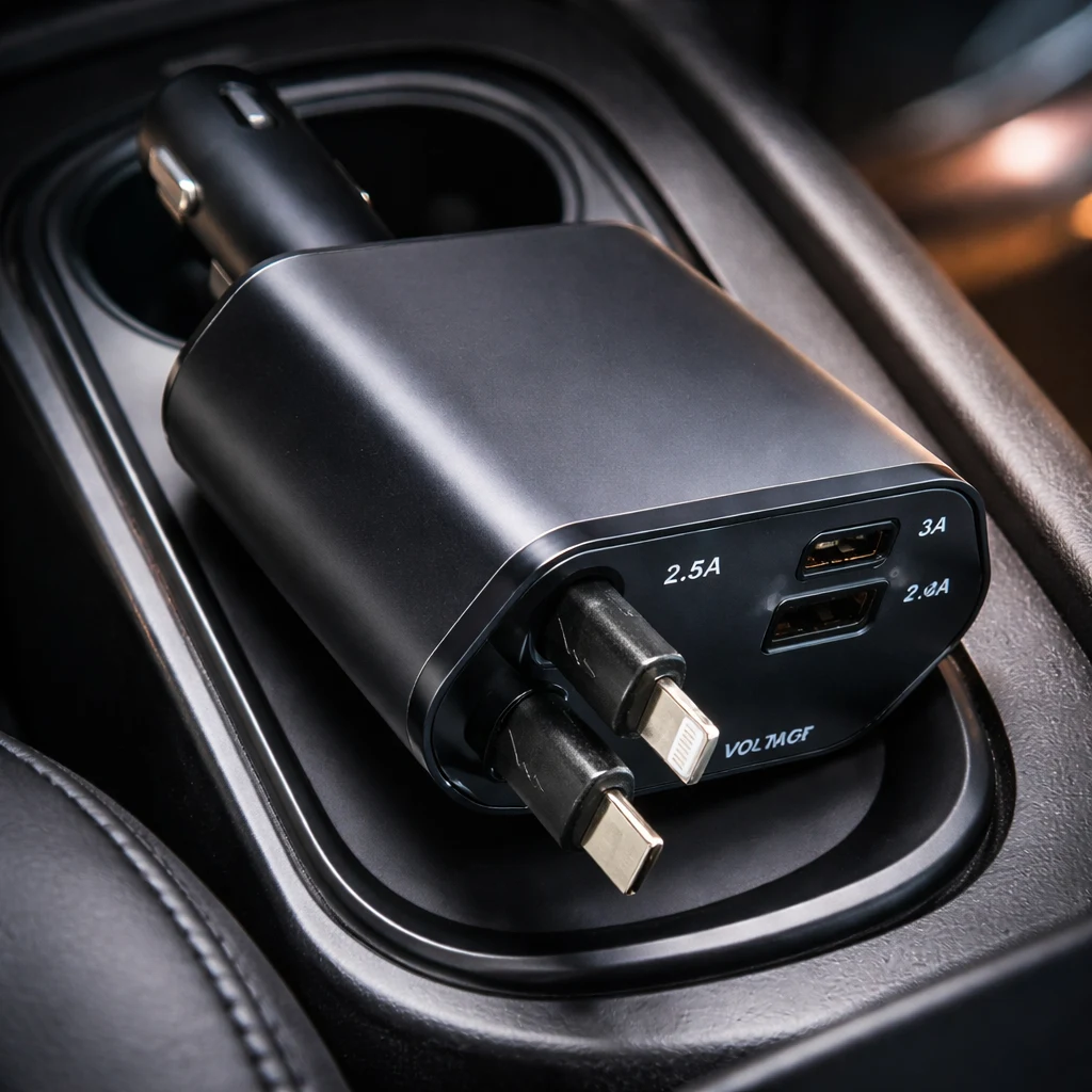 Venta de accesorios tecnológicos en Bogotá: Cargador de carro 4 en 1 con cables retráctiles Lightning y USB-C — Colombia Move