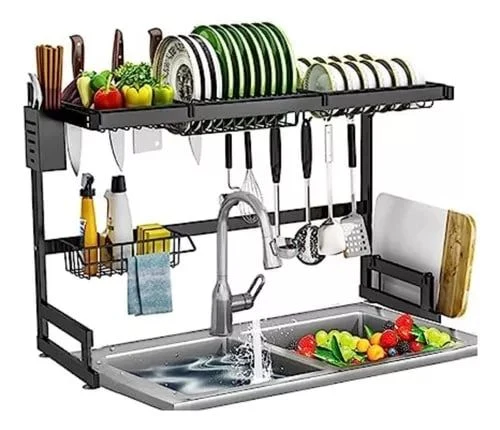 Venta de cocina y comedor en Bogotá: Escurridor de platos sobre fregadero de metal negro en venta — Colombia Move