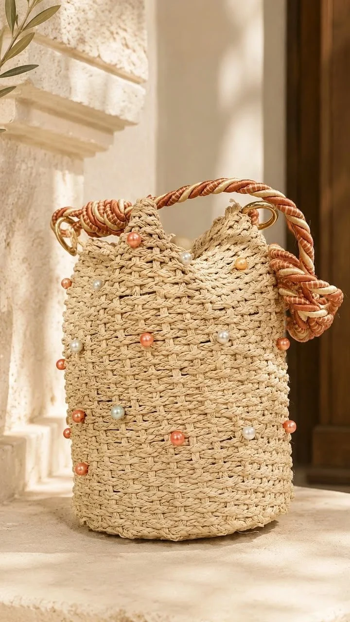 Venta de accesorios y joyería en Getsemaní, Cartagena: Bolso tipo cubo tejido en fibra natural con perlas, en venta — Colombia Move