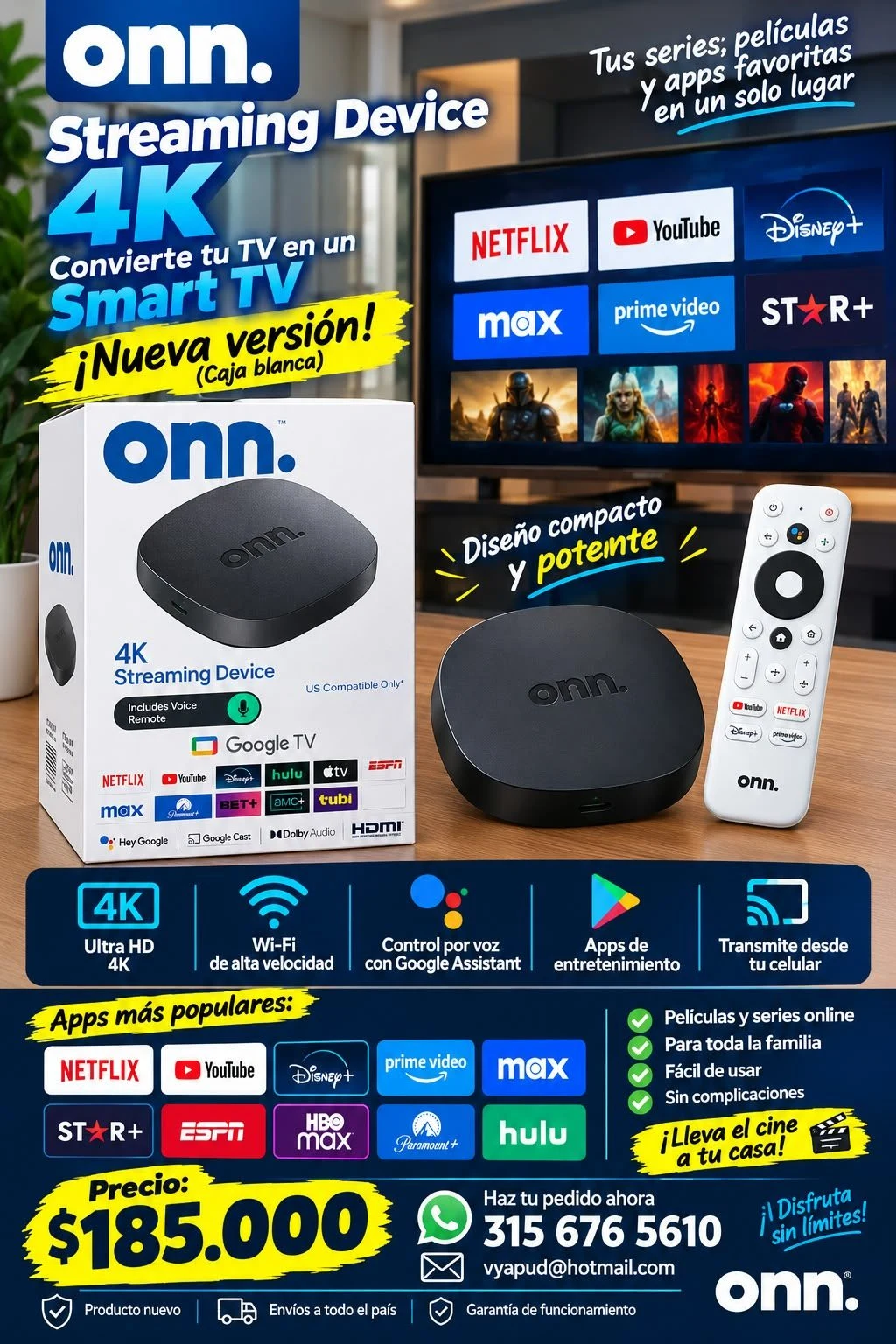 Venta de audio y video en Cali: Vendo onn. 4K para convertir TV en Smart TV — Colombia Move