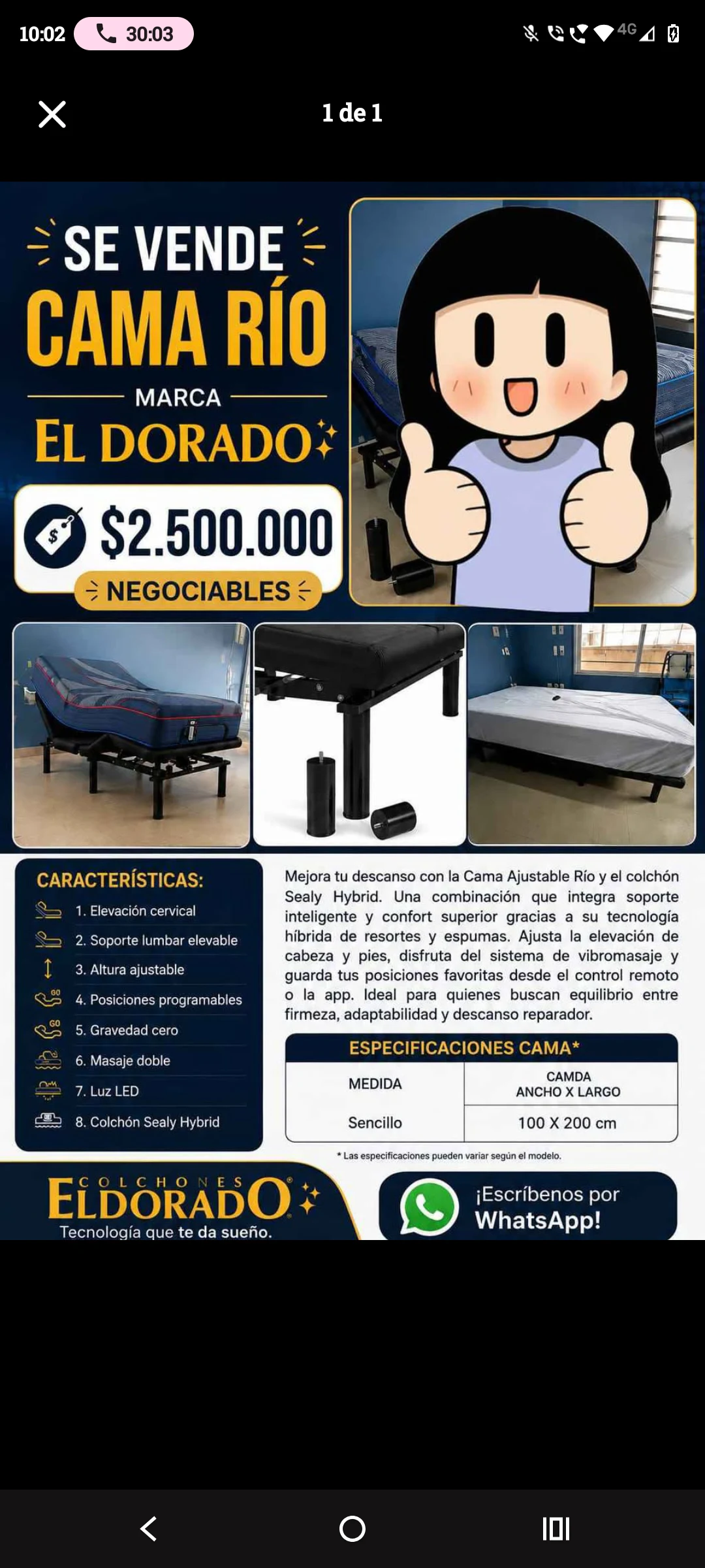 Venta de camas y colchones en Soacha: Se vende cama ajustable Río El Dorado con colchón Sealy Hybrid — Colombia Move
