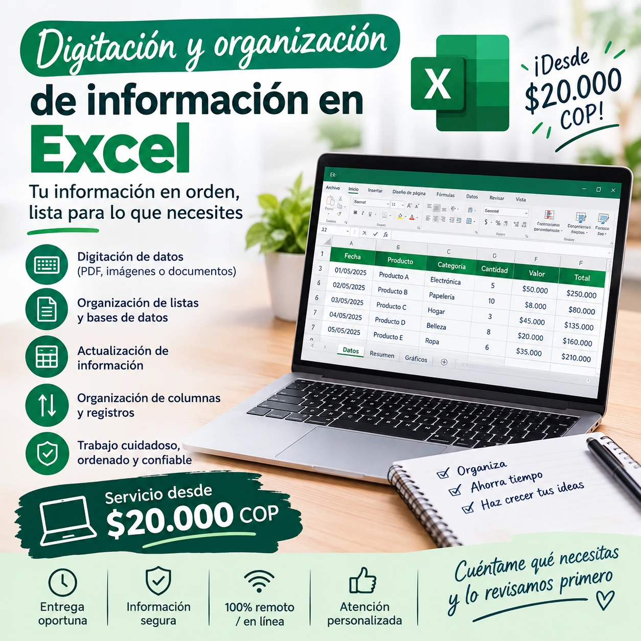 Servicio: Digitación de datos y PDF a Excel desde $20.000 — Colombia Move