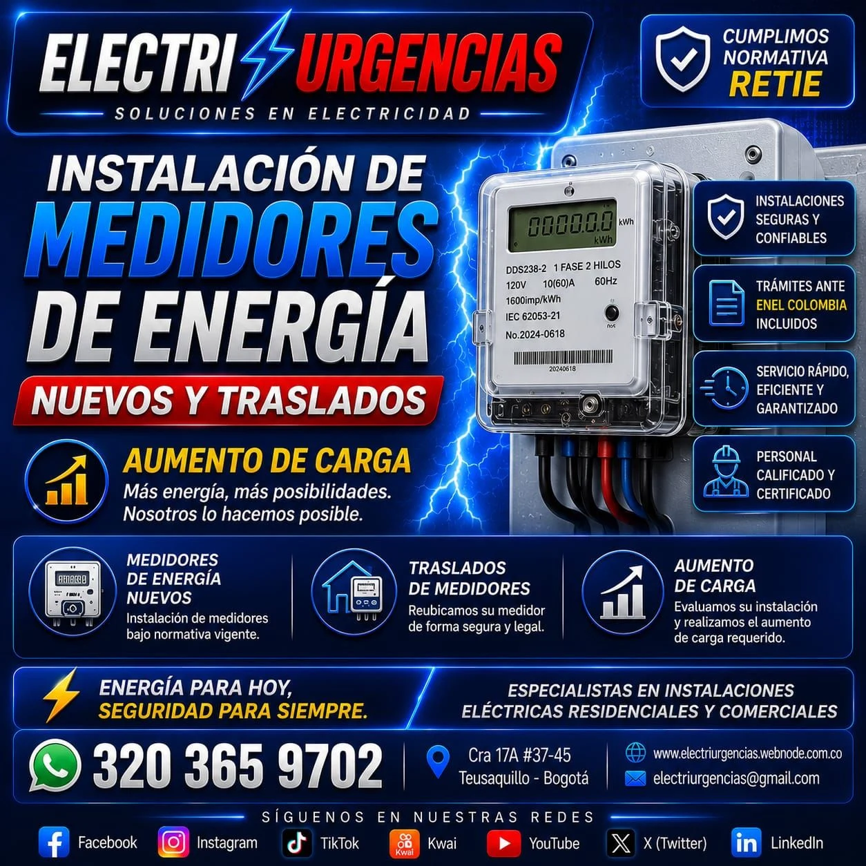 Servicio en Chapinero, Bogotá: Electricista, instalación de medidores, aumentos de carga ,traslados. — Colombia Move