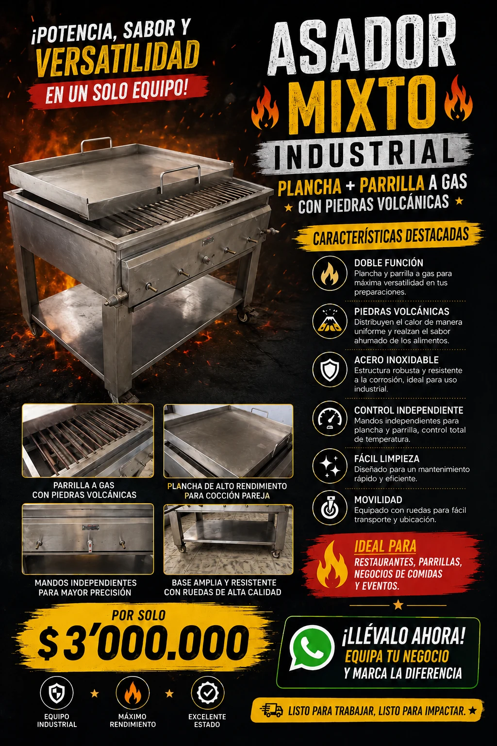 Venta de electrodomésticos en Santander De Quilichao: Asador Mixto Industrial a Gas con Plancha, Parrilla y Piedras Volcánicas — Colombia Move