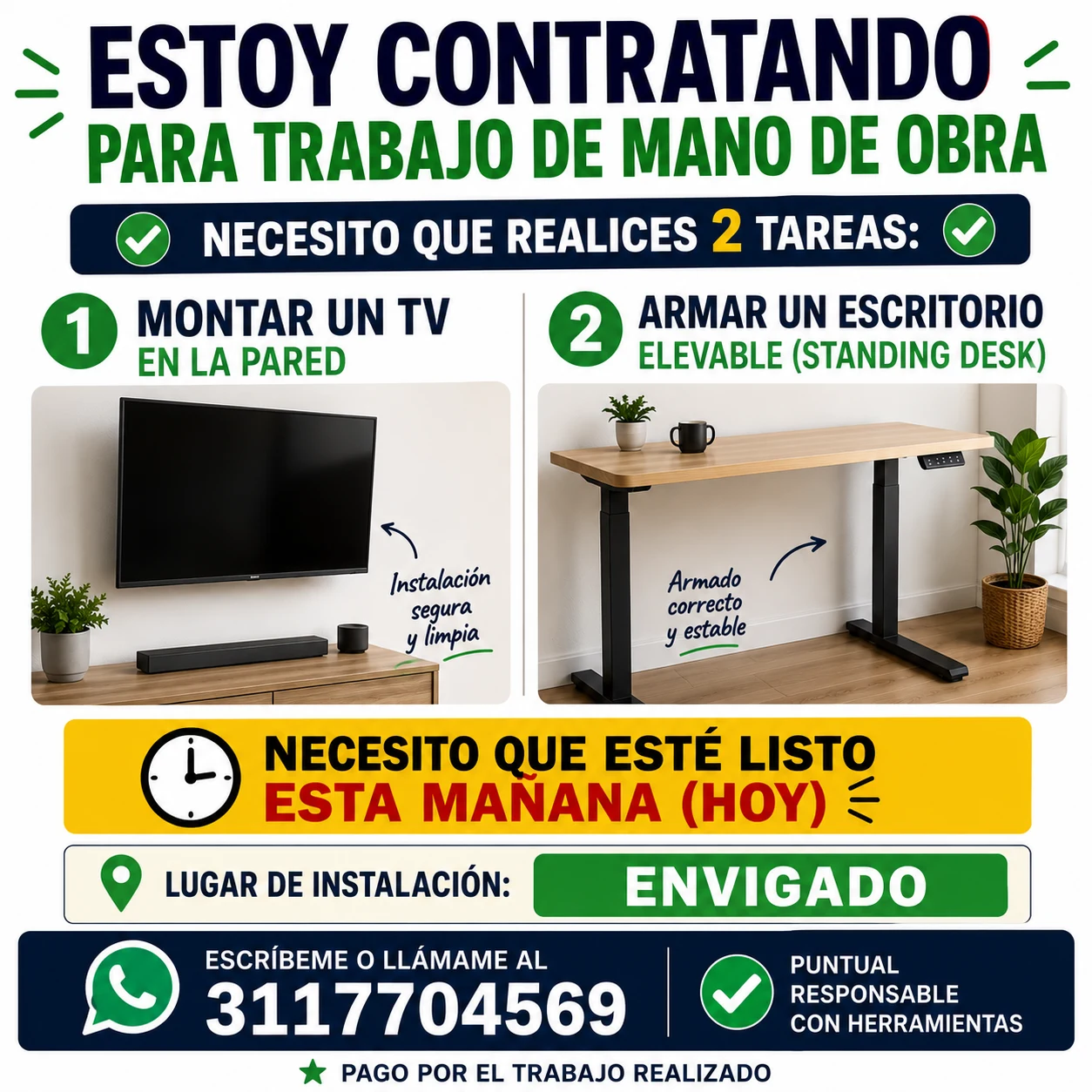 Servicio en Envigado: Busco contratar a alguien para colgar un televisor y armar un escritorio — Colombia Move