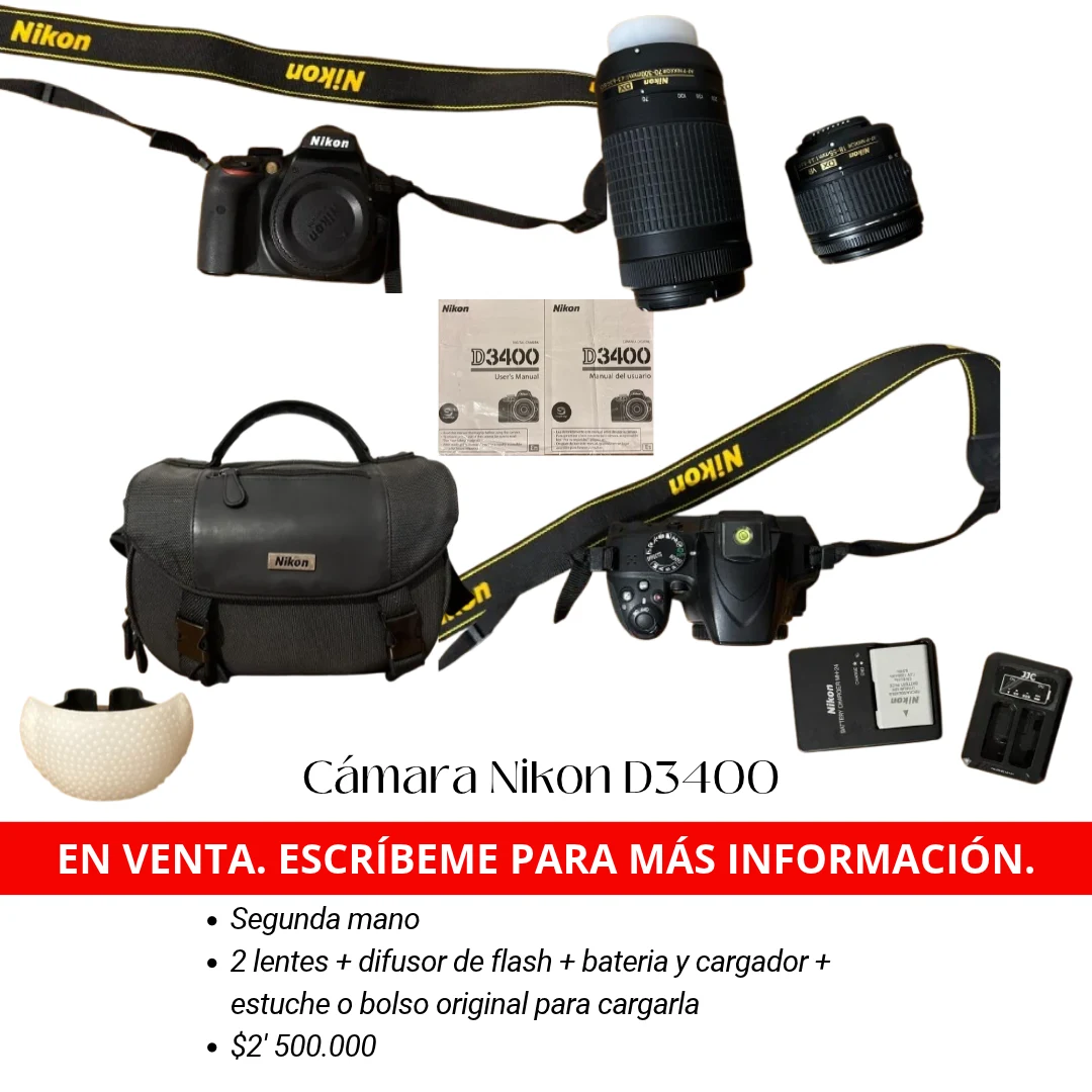 Venta de cámaras y fotografía en Pereira: Cámara Nikon D3400 con 2 lentes, bolso, batería y cargador — Colombia Move