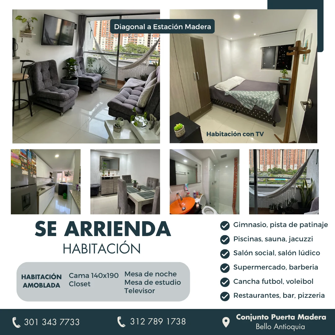 Alquiler de apartamento en Bello: Habitacion amoblada en arriendo — Colombia Move
