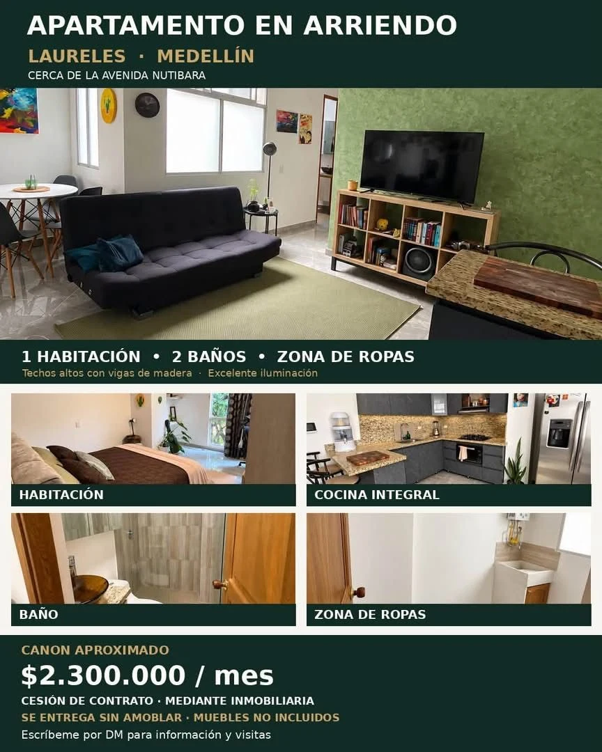 Apartamento en arriendo en Laureles, Medellín, 1 habitación y 2 baños