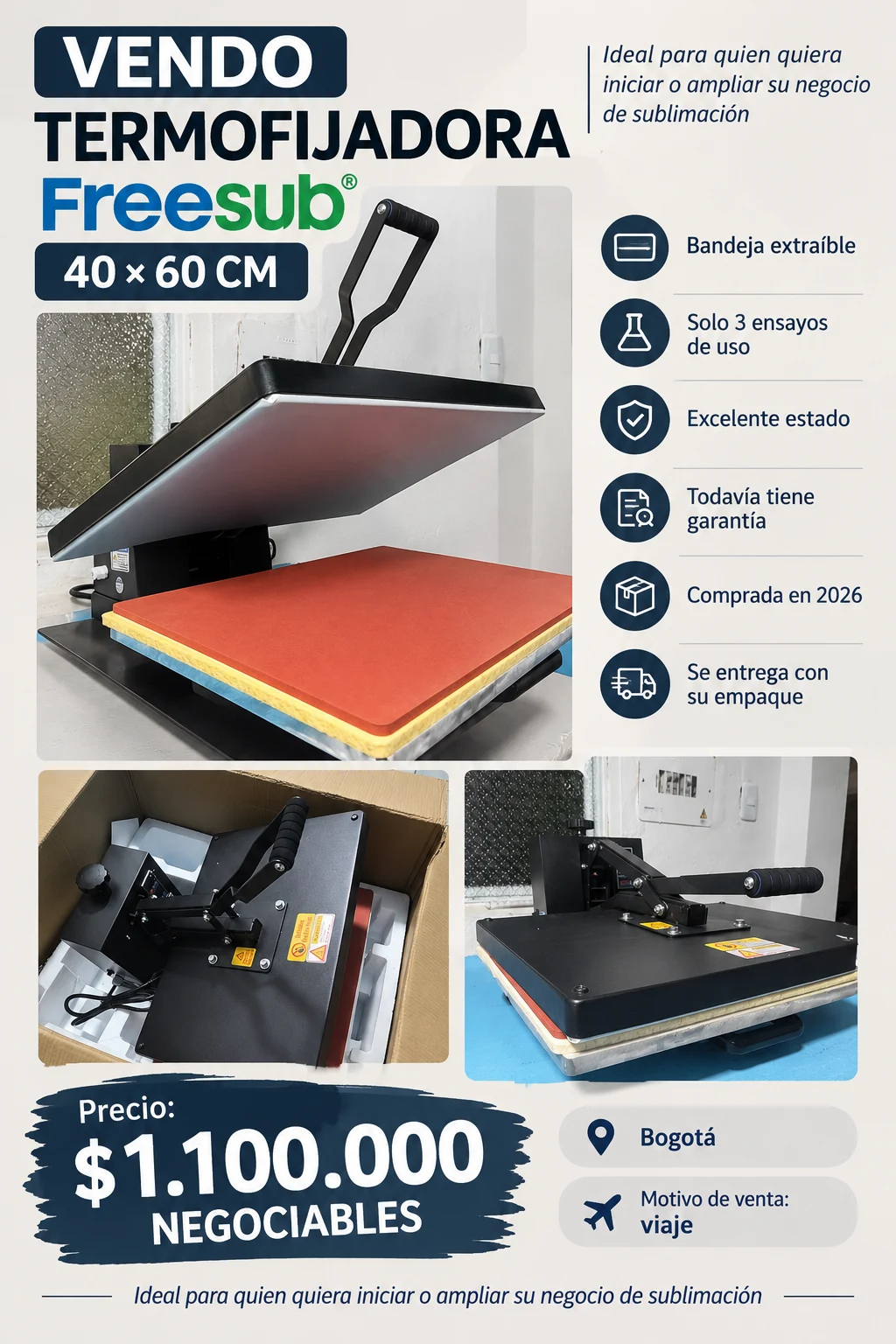 Venta de otra electrónica en Bogotá: Termofijadora Freesub 40×60 cm – Bandeja extraíble – Garantía – Bogotá — Colombia Move