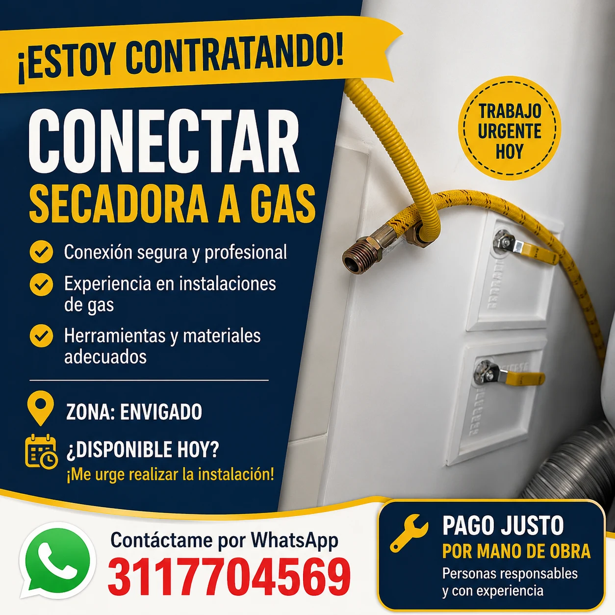 Contratando para conectar secadora de gas