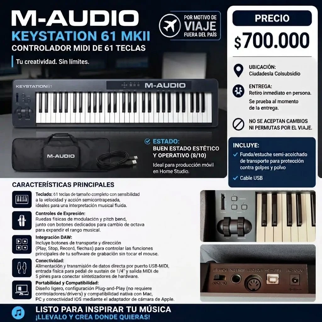 Venta de audio y video en Engativá, Bogotá: Controlador MIDI M-Audio Keystation 61 MKII de 61 teclas + Funda Impermeable — Colombia Move
