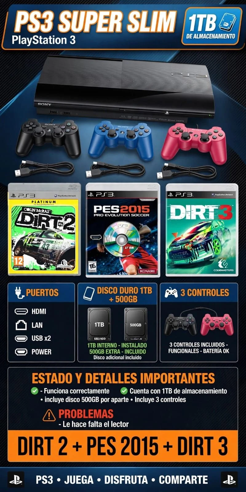 Consola PlayStation 3 súper Slim con tres controles y accesorios