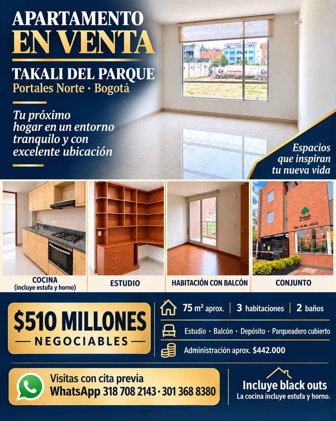 Venta de apartamento en Bogotá: Hermoso Apartamento 75m² en Portales Norte – Takali del Parque (Directo), Portales Norte, Bogotá — Colombia Move