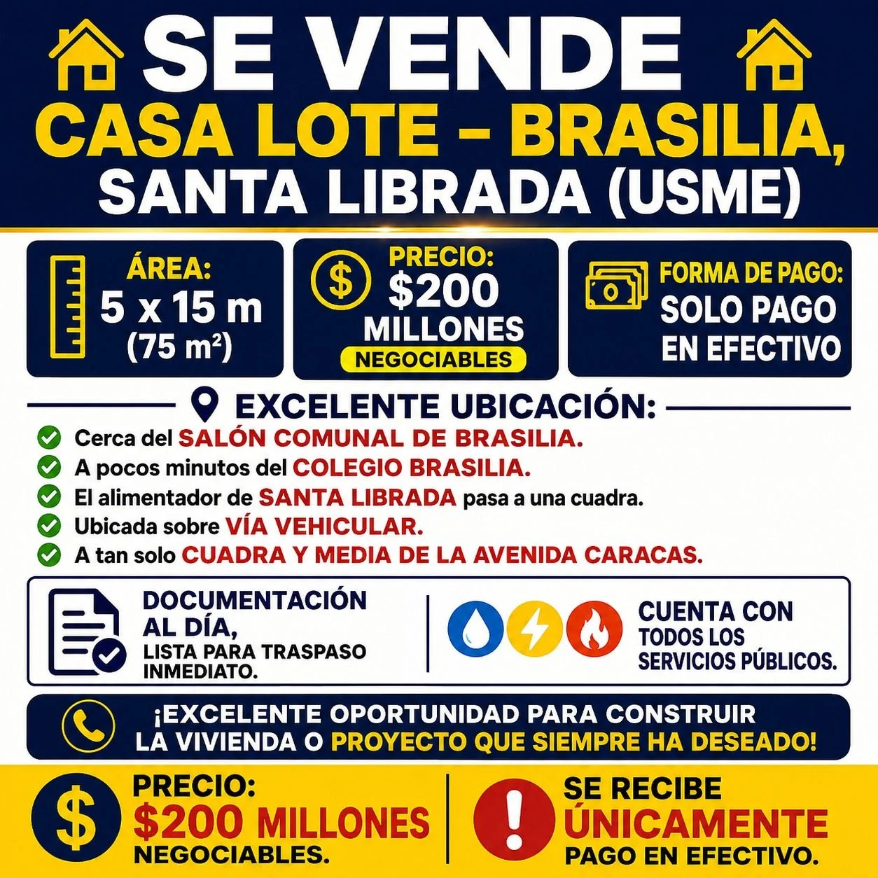 🏡 SE VENDE CASA LOTE – SANTA LIBRADA (USME) 🏡 📐 Área: 5 x 15 m (75 m²) 💰 Precio: $200 millones negociables