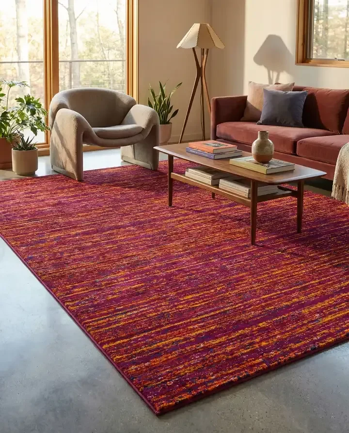 Venta de decoración y hogar en Usaquén, Bogotá: Alfombra Tapete tejido de 2,40 x 2,00, acabado rayas de tonos rojo, negro, burdeos y naranja — Colombia Move